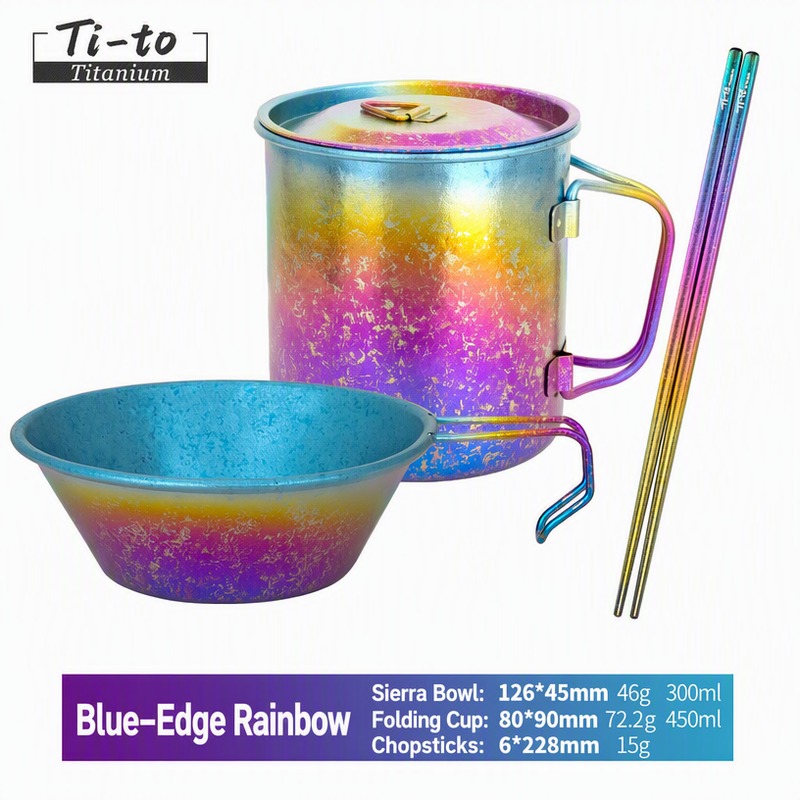 Titanium Outfitter Camp Set Blue Rim Rainbow Ice Flower Chopsticks 228mm 15g Cup 450ml Sierra Bowl 300ml for Highland Camping