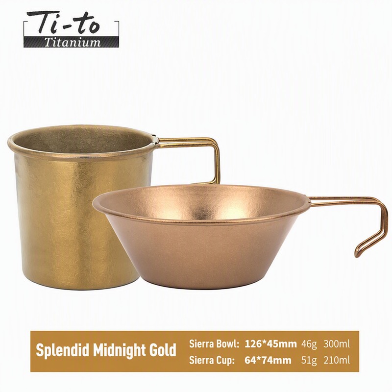 Titanium Sierra Bowl and Cup Pair Midnight Gold Ice Flower 2 Piece Set 126mm 300ml for Pour Over Coffee and Camp Porridge