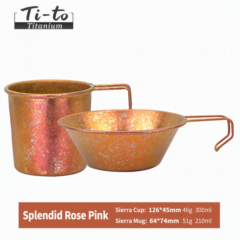 Titanium Camp Bowl and Cup Set Rose Blush Couples Camping Gift for Honeymoon Glamping Weekend Trips and Anniversary Getaways