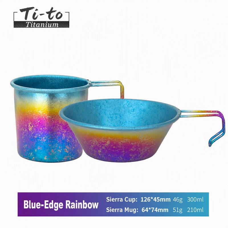 Titanium Camp Bowl Cup Companion Kit Blue Rim Rainbow Outdoor Serving Kit for Sunday Roasts Picnic Hampers and Garden Feasts