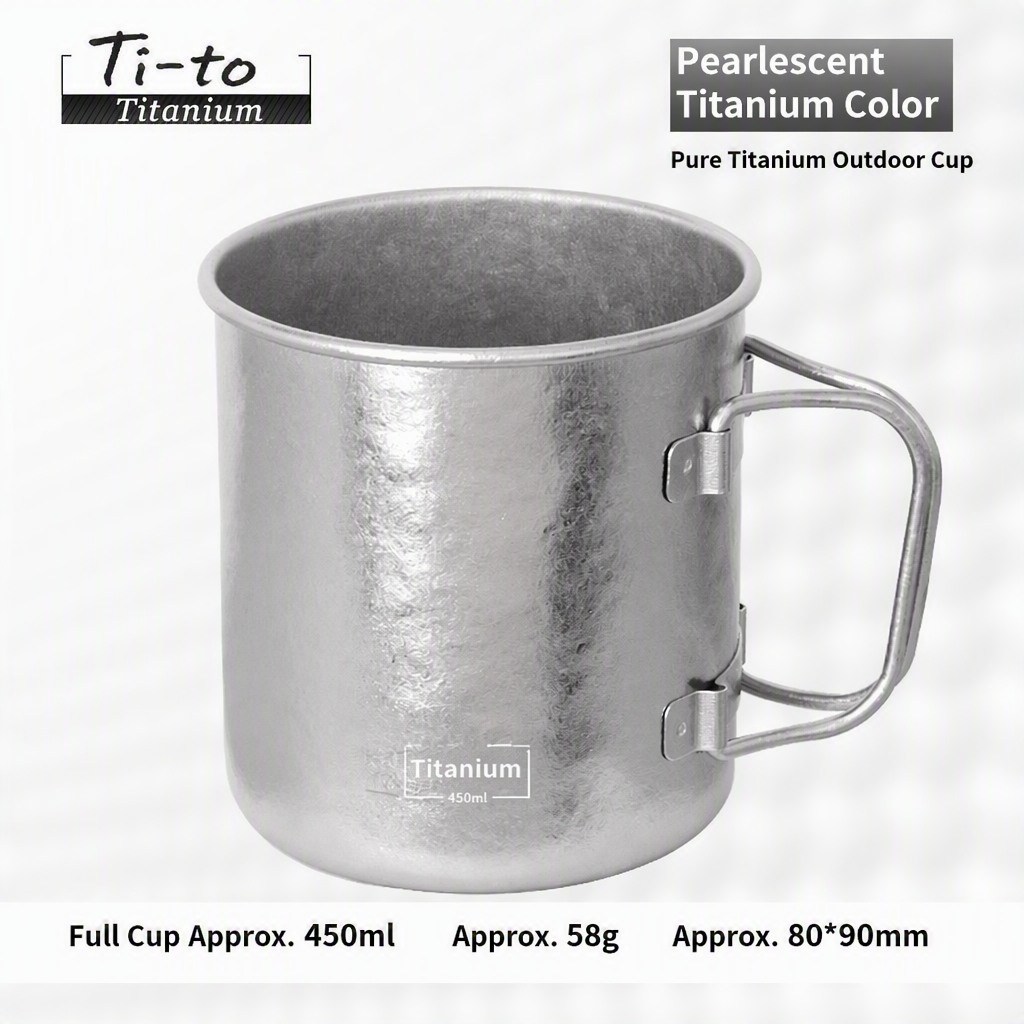 Titanium Camping Cup 450ml Folding Handle Ultralight Single Wall Pure Titanium Mug For Backpacking Hiking Outdoor Use