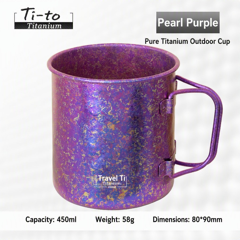 Royal violet anodised titanium 450 ml camping cup, listed in the range for night sky stargazing camps