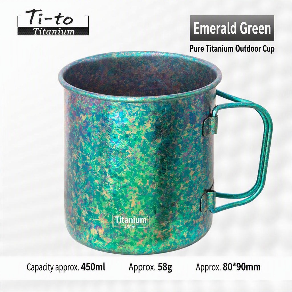 Emerald Green Titanium Camping Cup 450ml Cyan Crystal Finish For Forest Bathing Zen Nature Retreats
