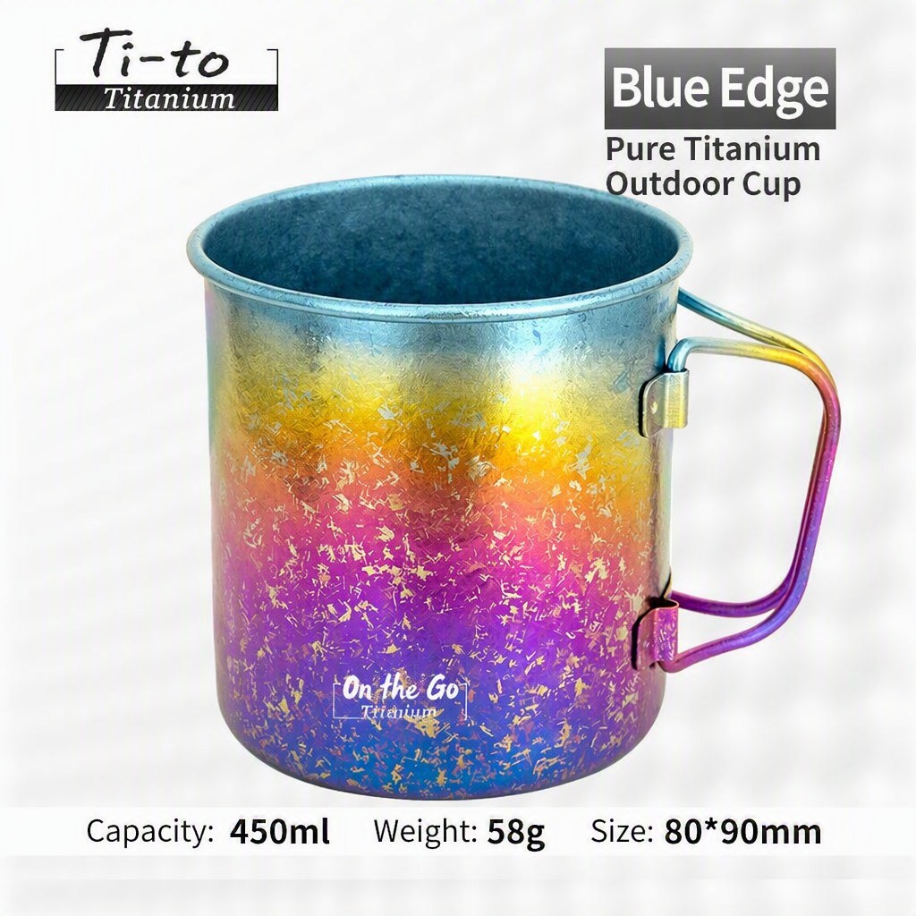 Blue Trimmed Titanium Mug 450ml Anodized Two Tone Rainbow Crystal 58g For Artisan Market Weekend Camping