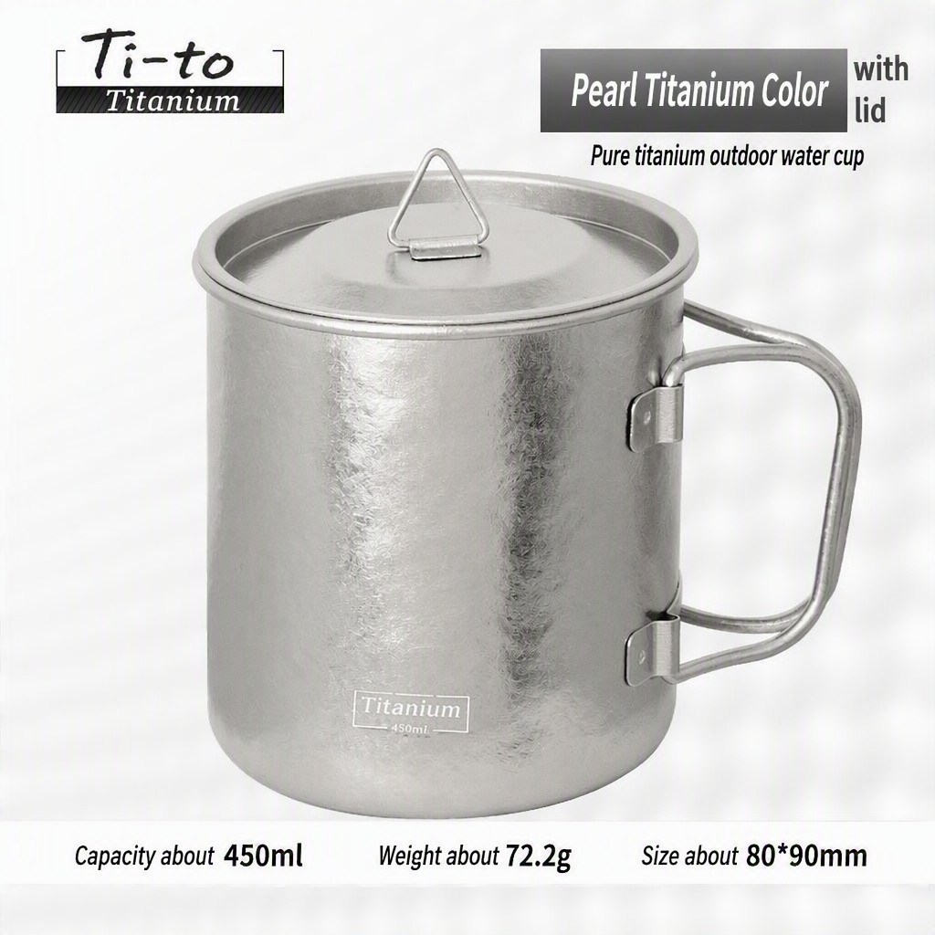 Titanium Camping Cup 450ml With Lid Silver Crystal Cover For Boiling Water Camp Stove Cooking Tea