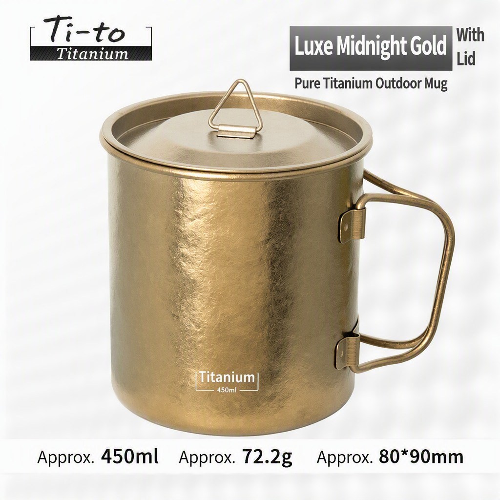 Vintage Gold Titanium Mug 450ml Matching Lid Anodized Crystal 72.2g For Muesli Porridge Trail Breakfast
