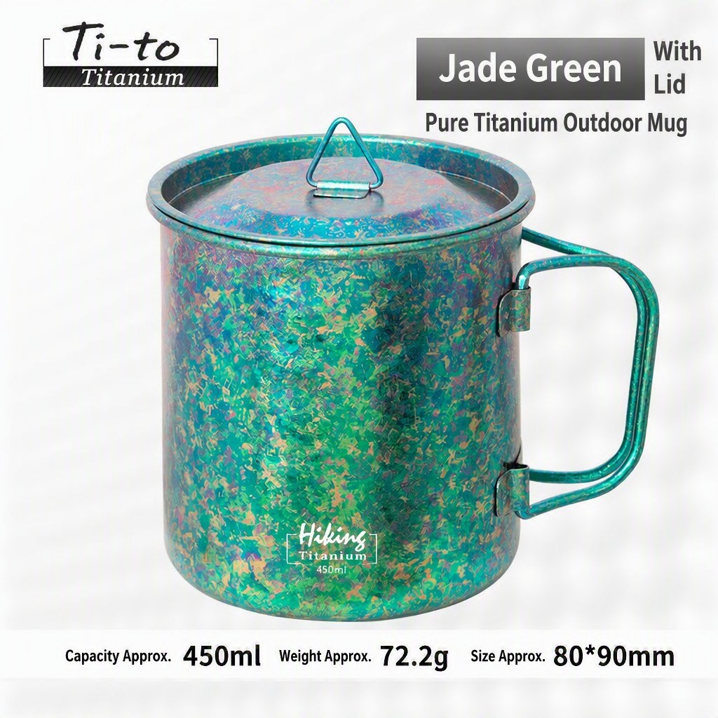 Jade Green Titanium Camping Cup 450ml With Lid For Matcha Ceremony Garden Morning Rituals