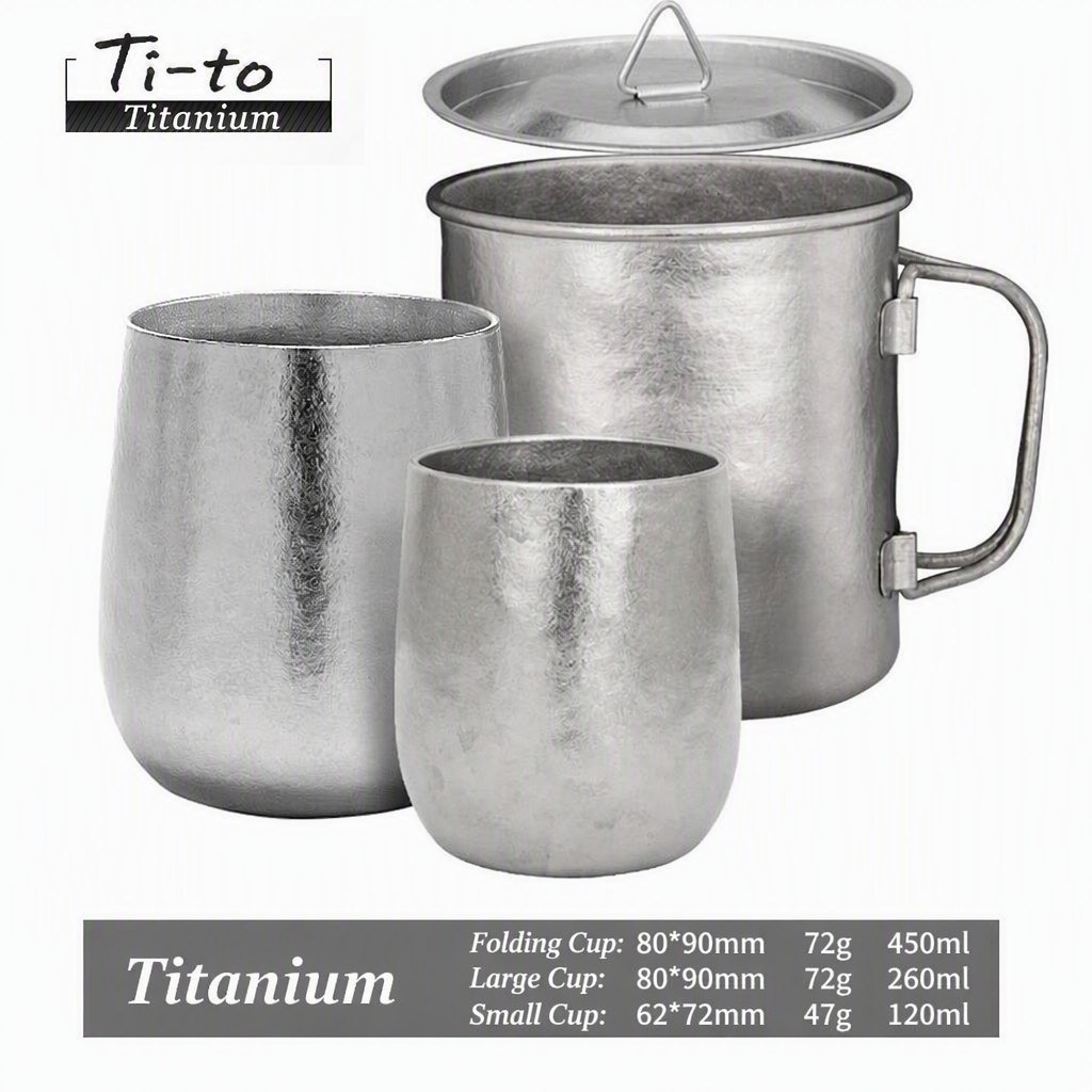 Nesting Titanium Cup Set 3 Piece Stackable 450ml 260ml 120ml Folding Handle For Trail Camp Coffee Boil