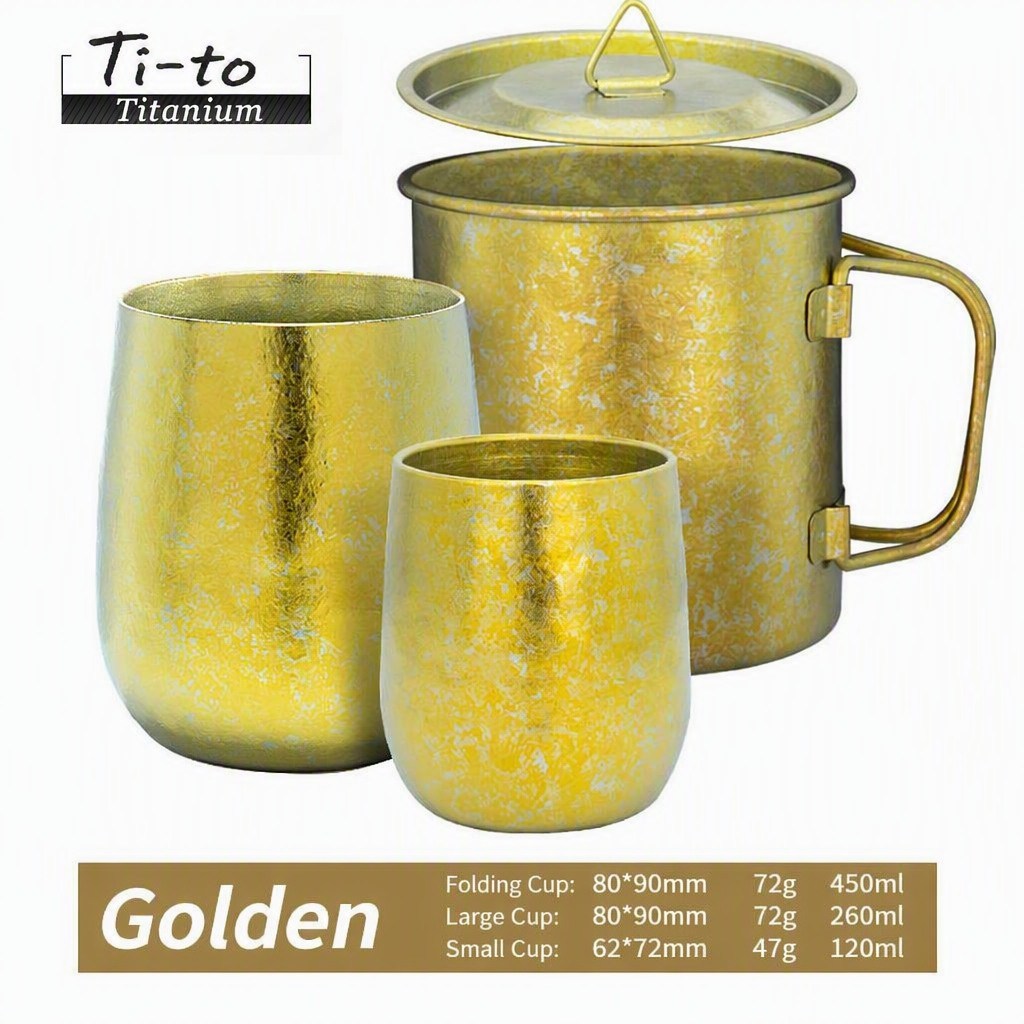 Solar Gold Titanium Cup Set Nesting Kettle Mug Shot For Safari Camp Sunset Coffee Brews