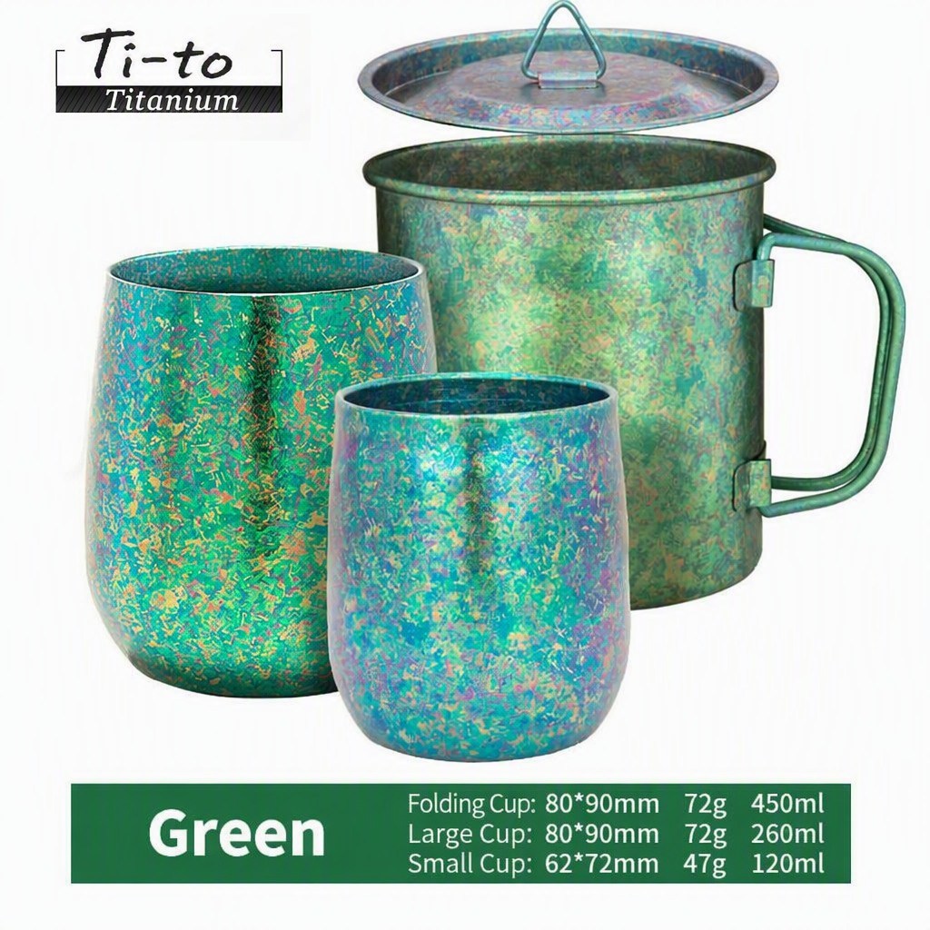 Olive Green Titanium Cup Nesting Set 3 Piece For Forest School Nature Camp Brew Sessions
