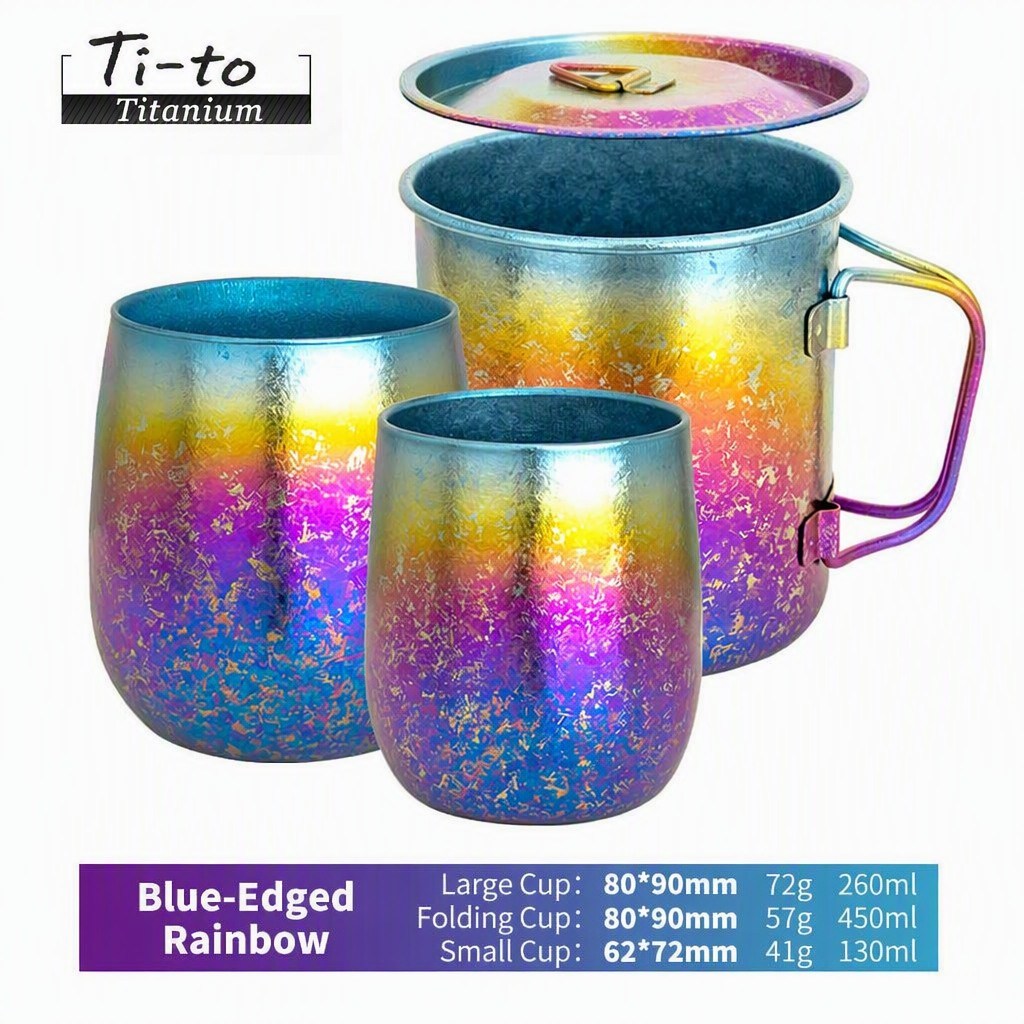 Tritone Blue Rainbow Titanium Cup Set 3 Piece Stackable For Festive Market Stroll Days