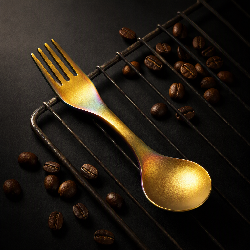 Colorful titanium tableware on dark wood