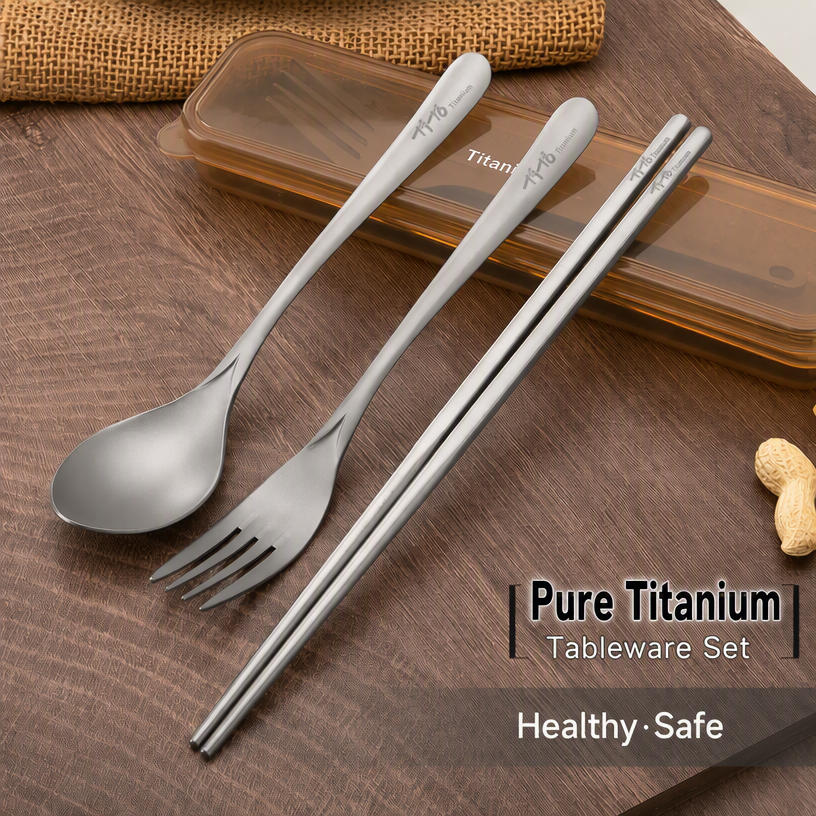 Titanium cutlery set packed in its slim carry case